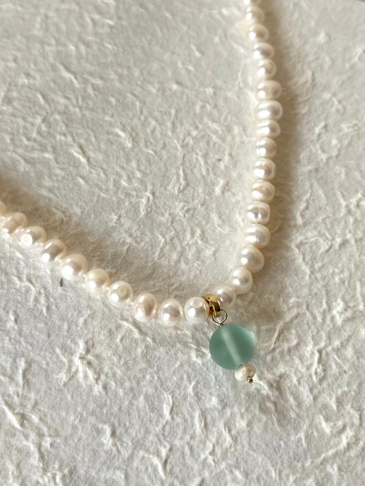 Pearl Necklace with Sea Glass Gold Charm Set